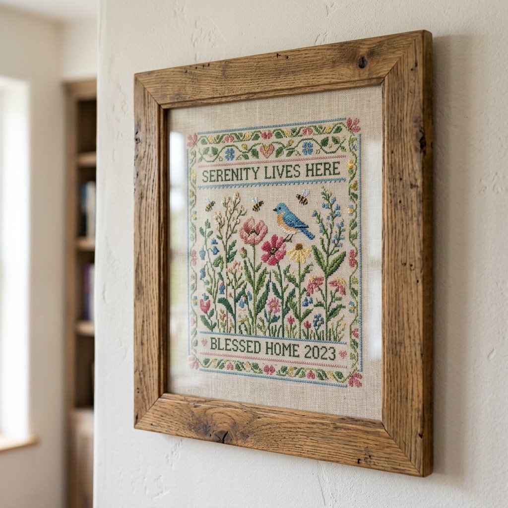 Floral cross stitch sampler in a rustic oak frame