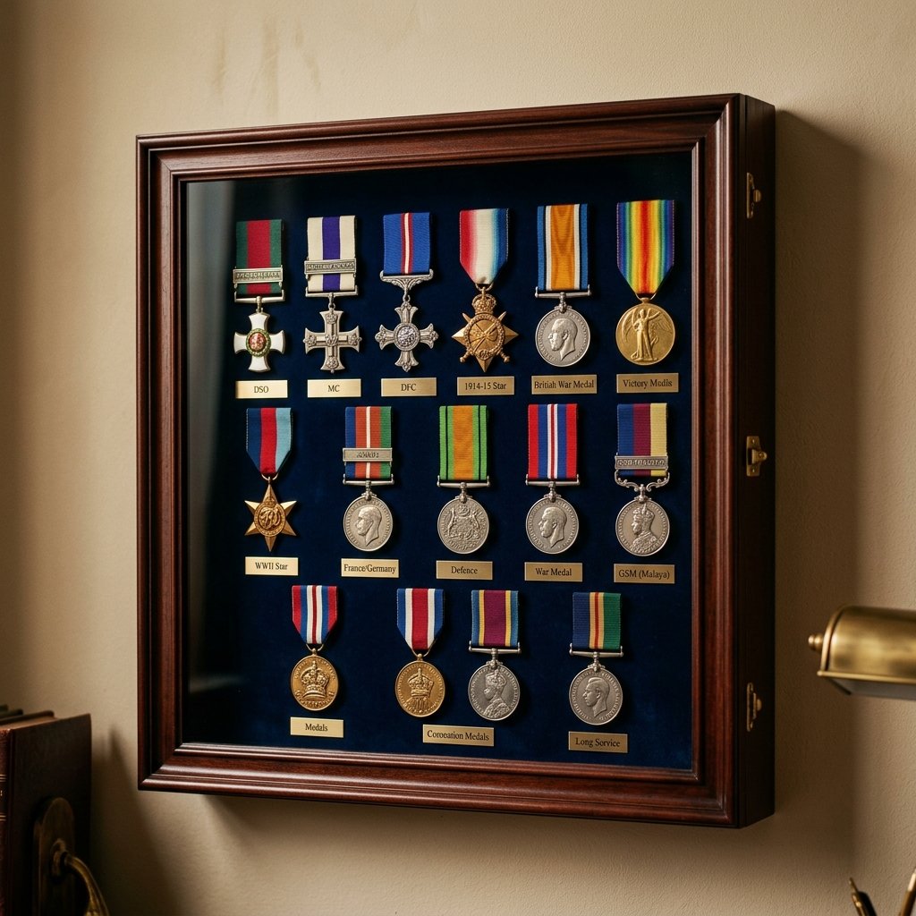 Service medals mounted in a wooden shadow box