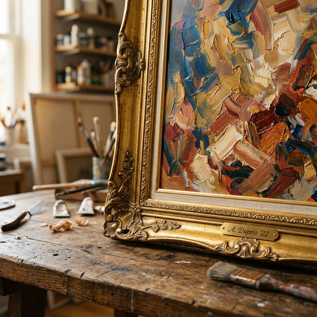 Oil painting in an ornate gold frame on a workbench