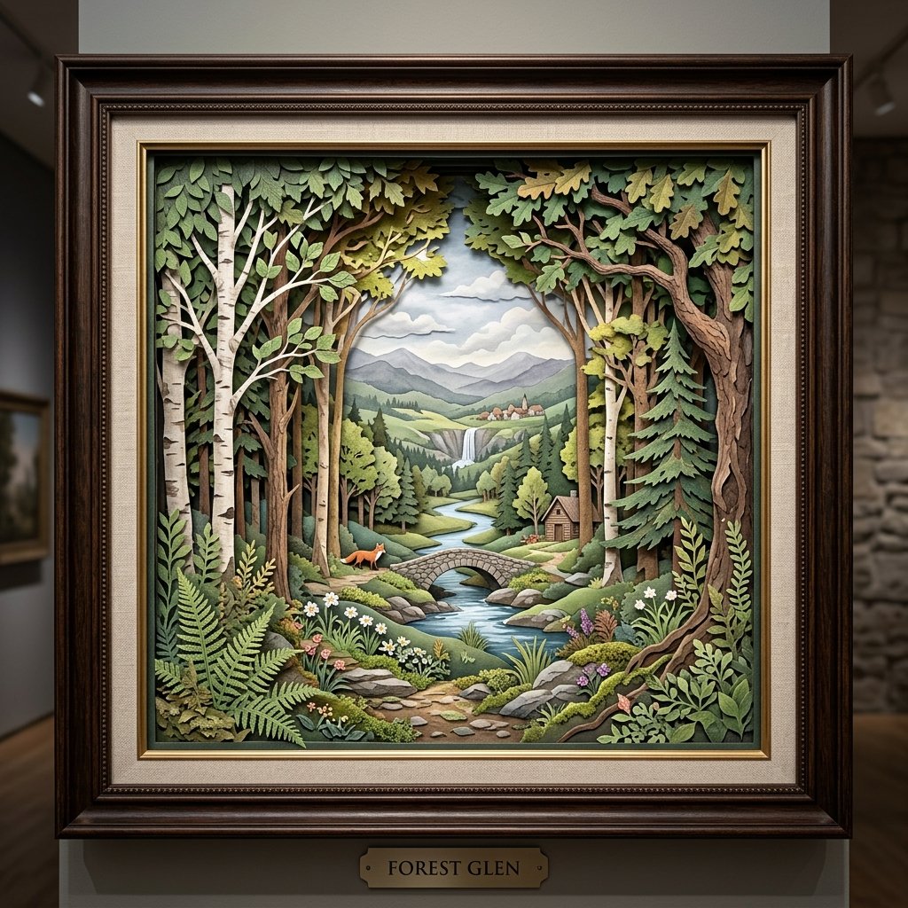 Layered 3D papertole forest scene in a deep dark wood frame