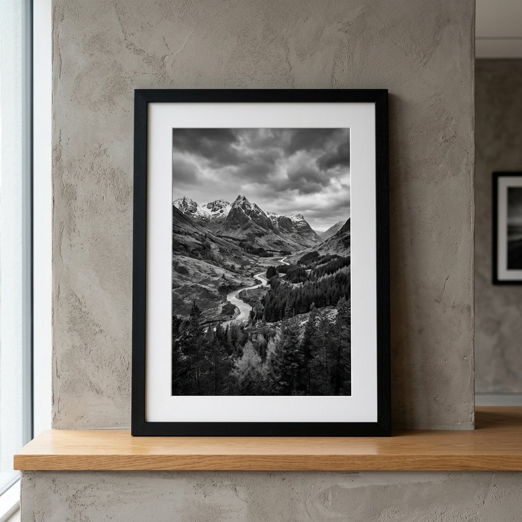 Black and white landscape photograph in a black frame with a white mat