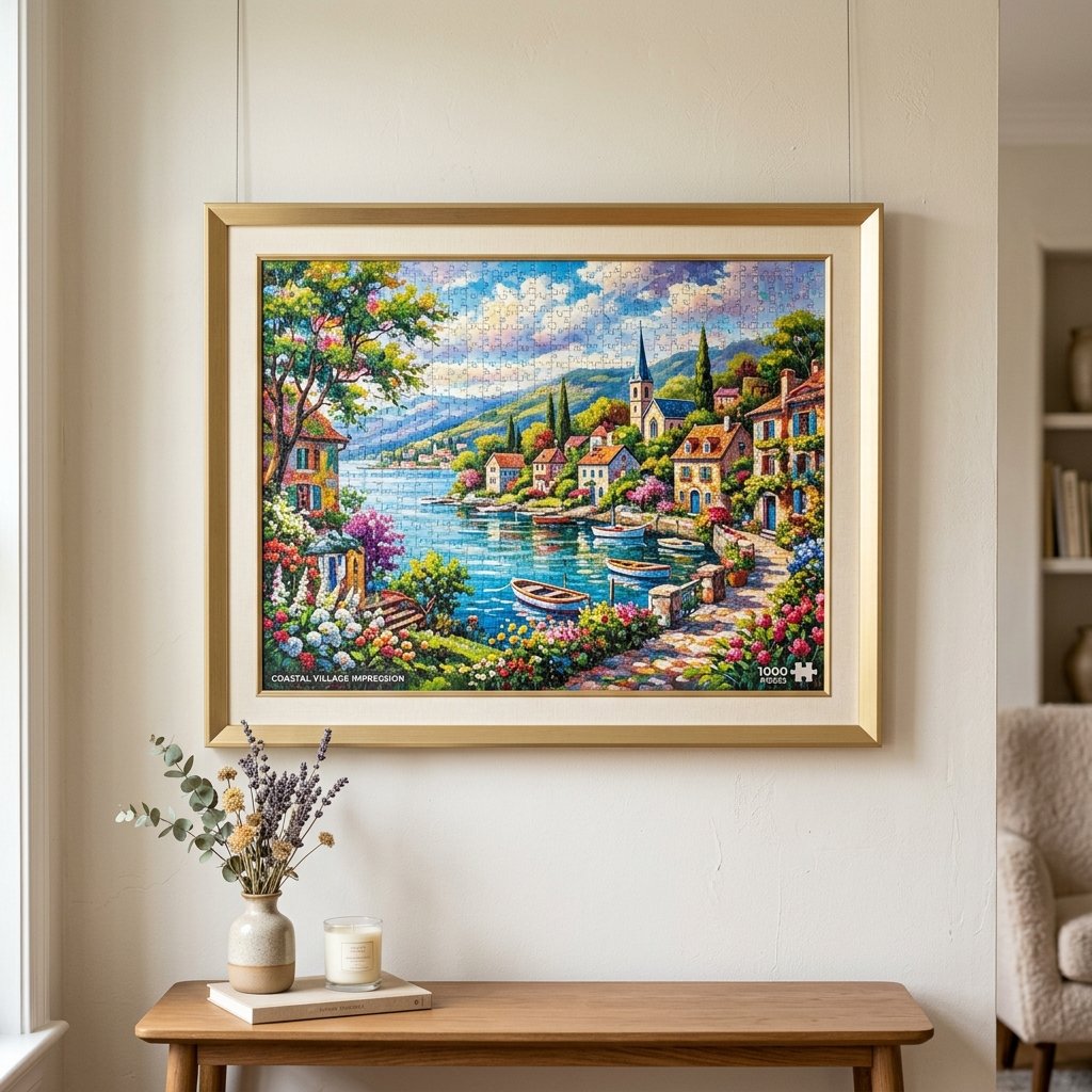 Completed jigsaw puzzle in a gold frame above a side table